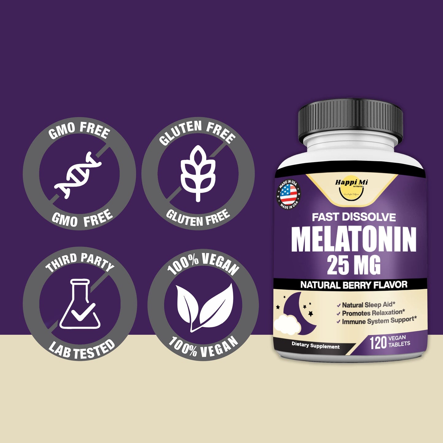 Happi Mi Nutrition Melatonin 25mg Extra Strength with L-Theanine & Vitamin B-6 Fast Dissolve Tablets, Sleep Support, 120 Tablets