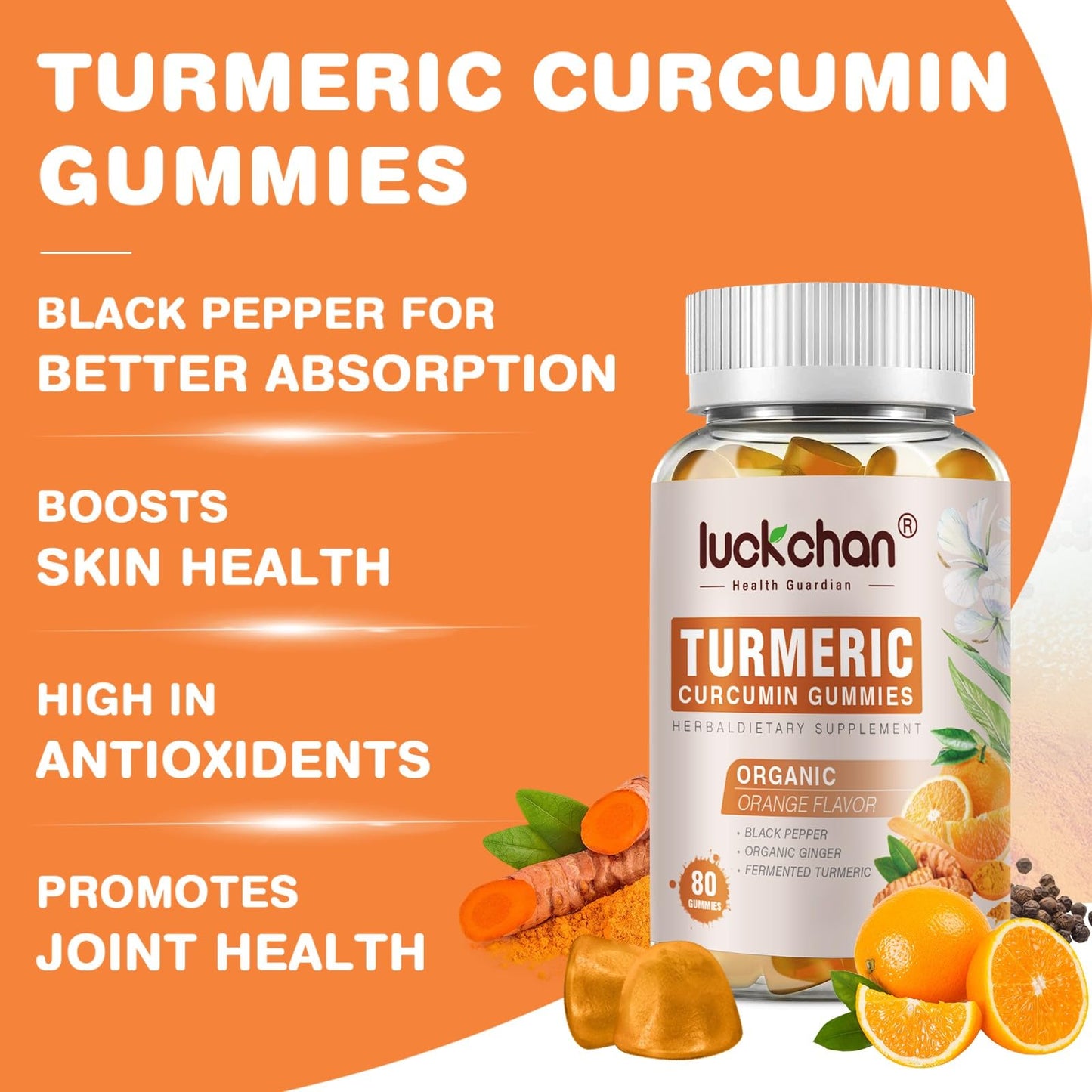 LUCKCHAN Turmeric Curcumin Gummies with Ginger & Black Pepper Herbal Supplement, Gummies, 240 Count