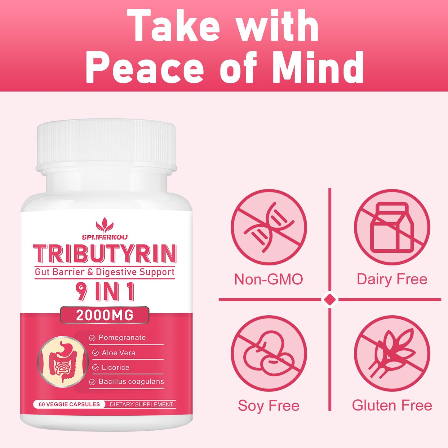 Spliferkou Tributyrin Gut Health Supplement, 9-in-1 Butyrate Complex, 180 Capsules