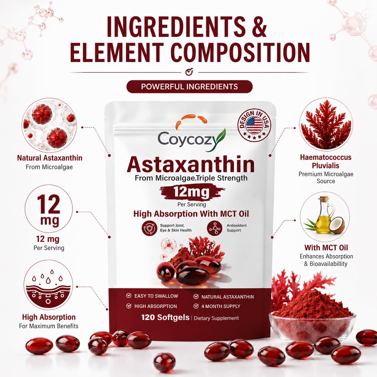 Coycozy Astaxanthin 12mg Natural Softgels, 120 Count
