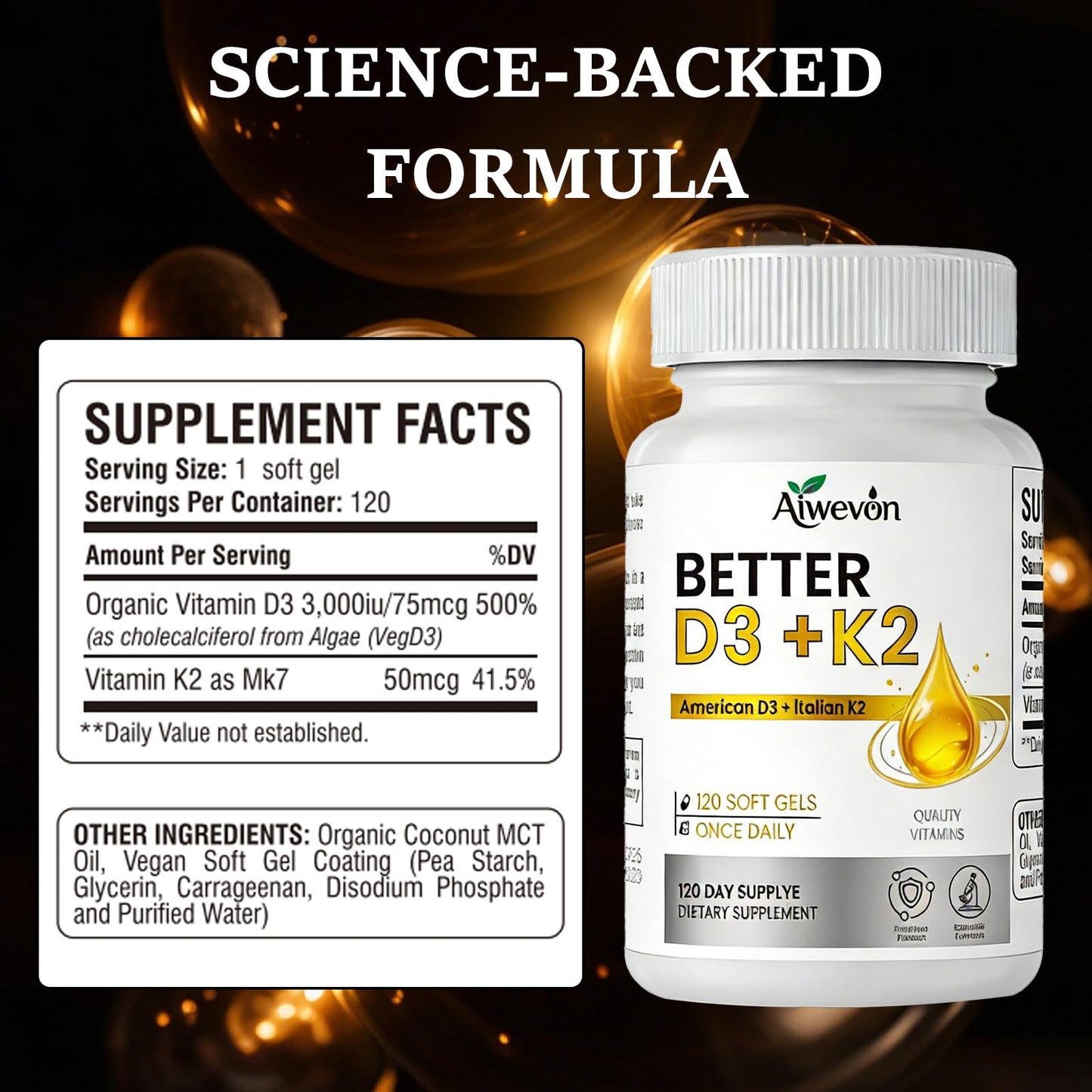 Aiwevon Vitamin D3 with K2 MK7 Capsule, 120 Capsules