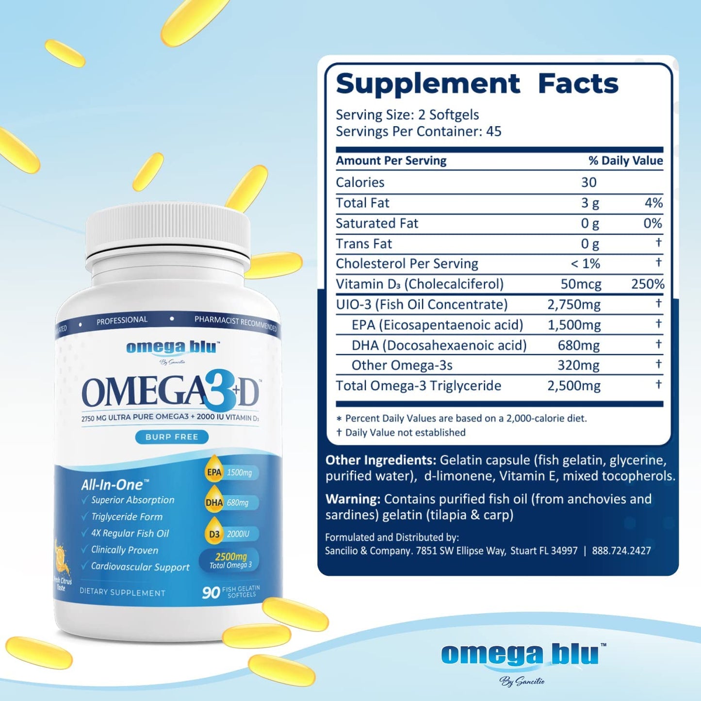OMEGA BLU Triple Strength Pharmaceutical Grade Fish Oil 2750mg with Vitamin D3 50mcg - 1500mg EPA - 680mg DHA - Heart & Cholesterol Support - No Burps or Heartburn - High Concentration, 180 Softgels