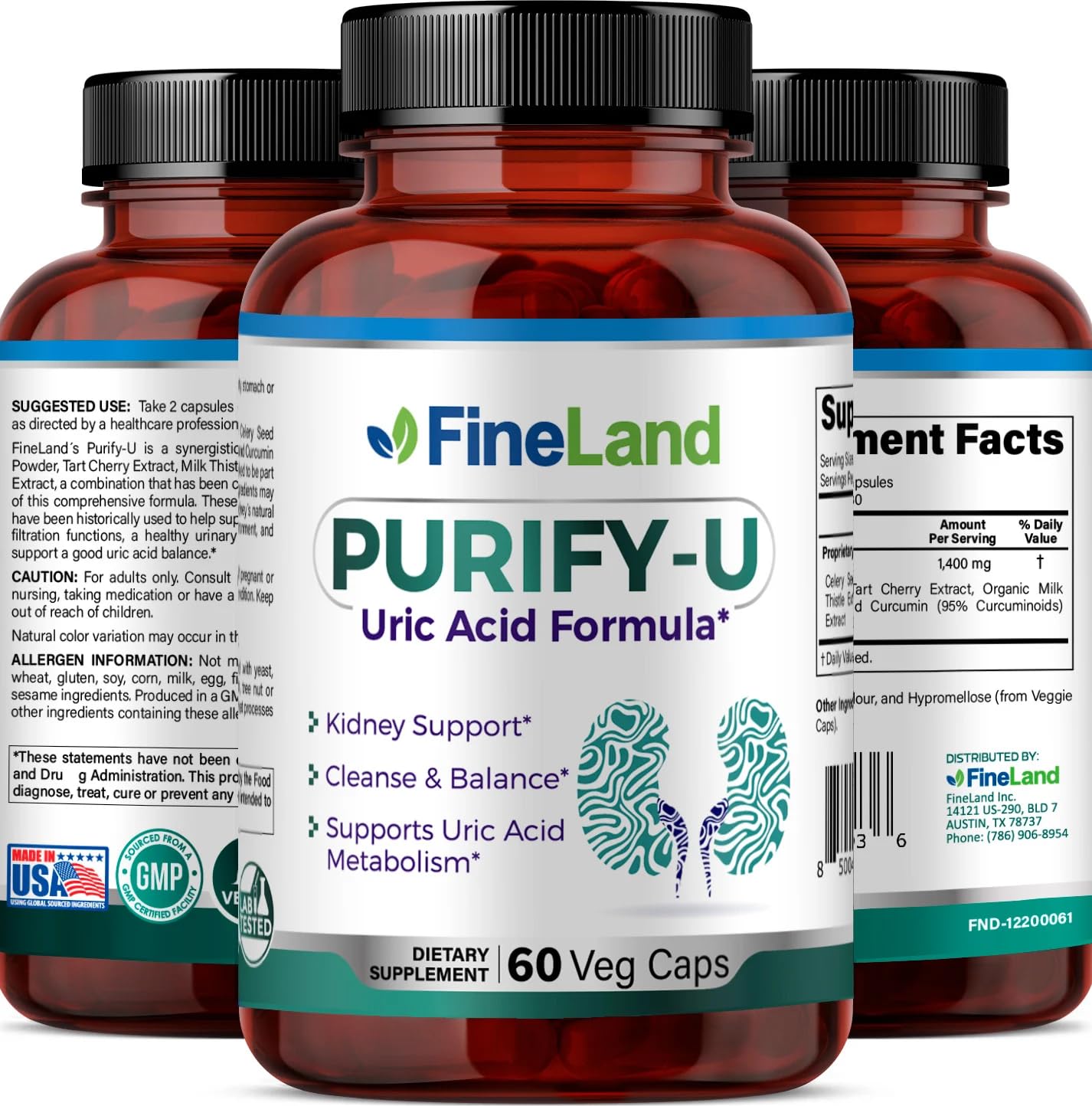 FineLand Purify-U 1,400mg Complex - with Celery Seed, Tart Cherry, Milk Thistle and Curcumin Capsules, 60 Count