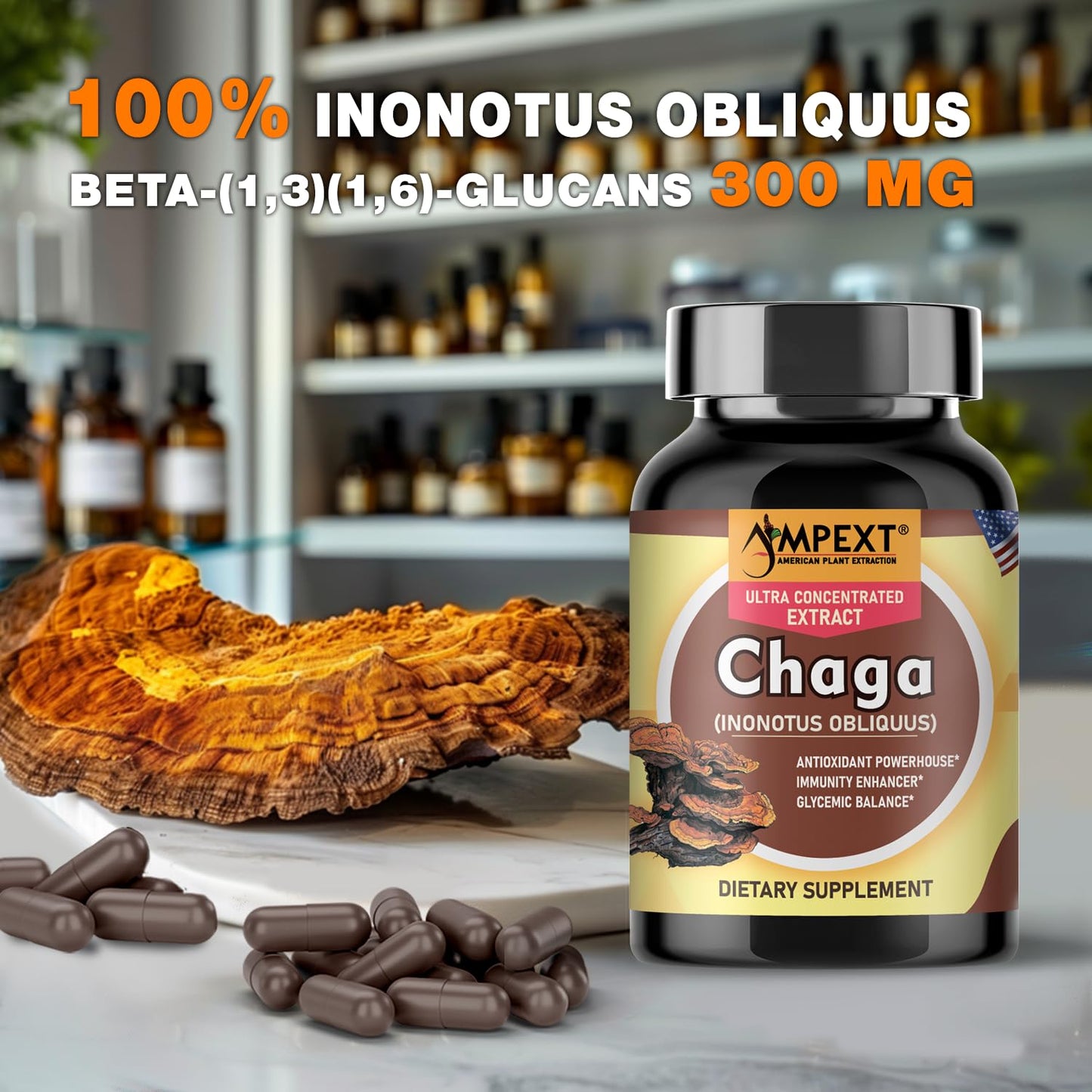 AMPEXT Chaga Premium Quality Fruiting Bodies Extract Capsules 90