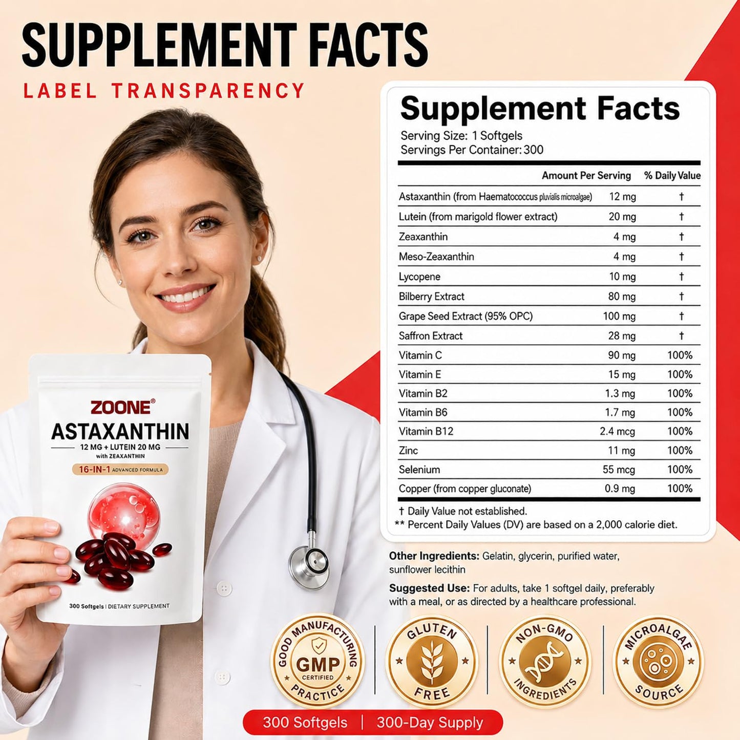 Zoone 16-in-1 Astaxanthin 12mg Antioxidant Supplements Softgels 300