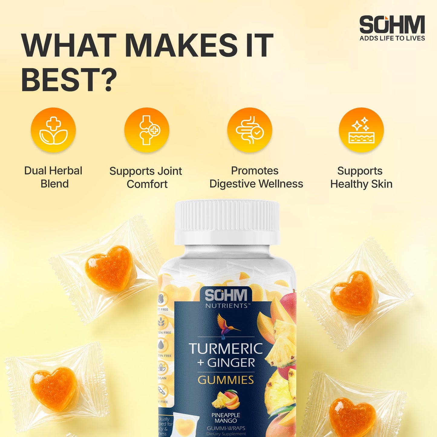 SOHM Turmeric Ginger Gummies for Joint Support, Skin Health & Daily Wellness, 60 Gummies