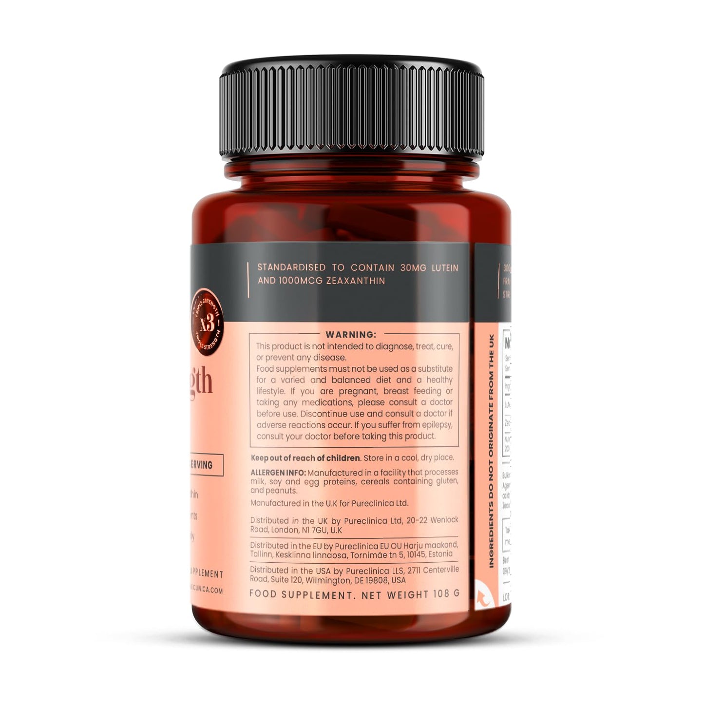 Pureclinica Lutein 30mg with Zeaxanthin 1000mcg – Triple Strength Supplement, 90 Tablets