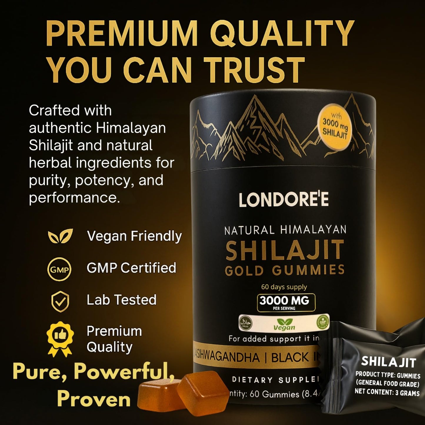 Londoree Himalayan Shilajit Gold Gummies 3000mg, 60 Count