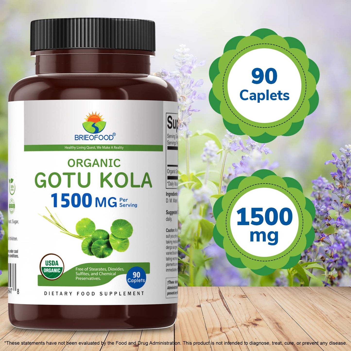 Brieofood Organic Gotu Kola 1500mg Tablet, 90 Count