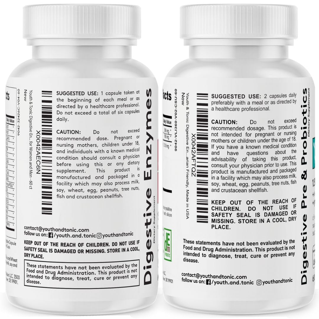 Youth & Tonic Digestive Supplement for Bloating, Regularity & Gut Health 120 Capsules