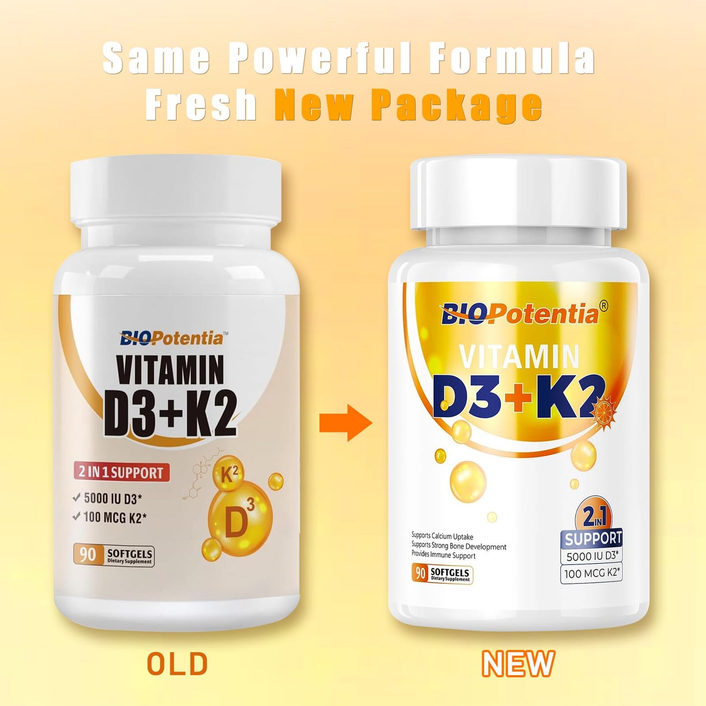 BIO POTENTIA Vitamin D3 K2 with MCT Oil Softgels 90 Count
