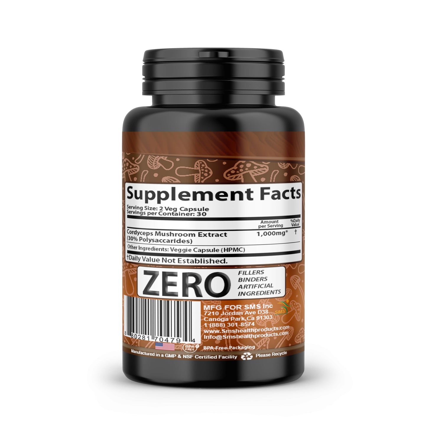 SMSHEALTHPRODUCTS.com Cordyceps Mushroom Dietary Supplement Extract with 30% Polysaccharides for Energy & Immune Support, Vegan, Non-GMO, 60 Capsules