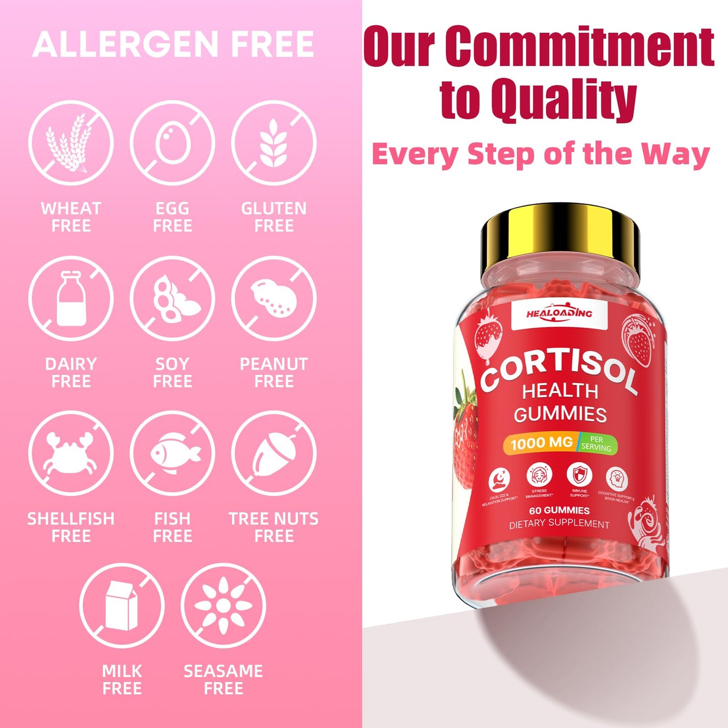 HEALOADING Cortisol Reducer Gummies for Women, with Ashwagandha, Magnesium, L-Theanine, Phosphatidylserine & Vitamin B12, 60 Gummies
