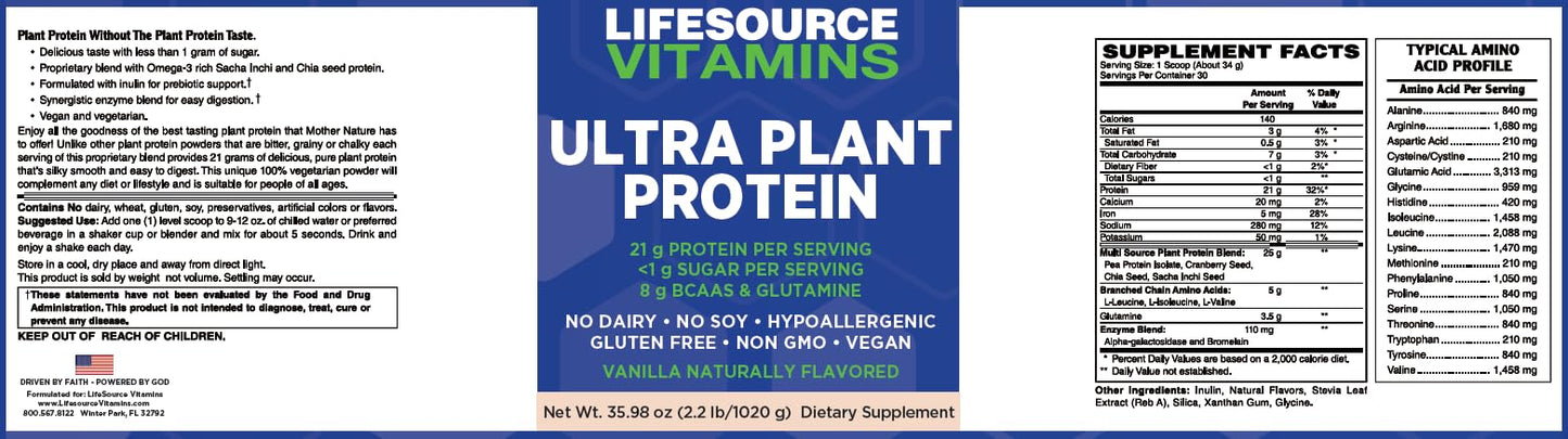 LifeSource Vitamins Ultra Plant Protein - Raw Vegan Plant Based Protein - Vanilla Protein Powder, 35.2
