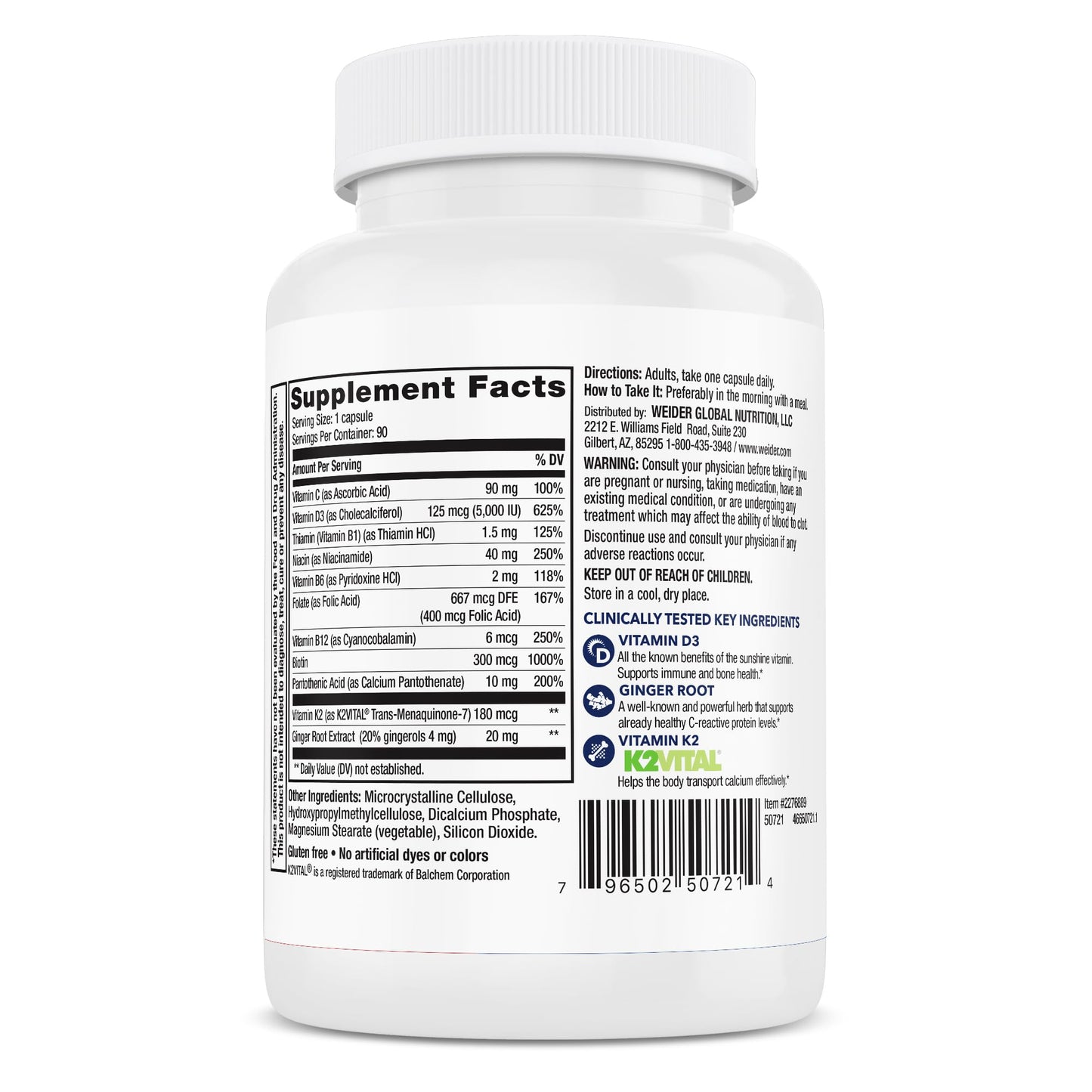 Weider Artery Health Supplement with Vitamin K2 (180mcg) & Vitamin D3 (5000iu) Veggie Capsules, 90 Count