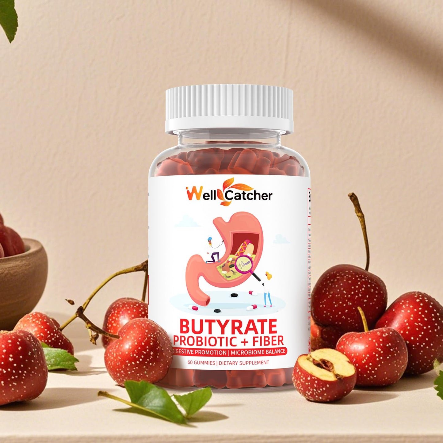 Wellcatcher Butyrate Gummies Gut Health Supplement with Probiotic & Prebiotic Fiber, Sugar Free, Hawthorn Flavor, 60 Gummies