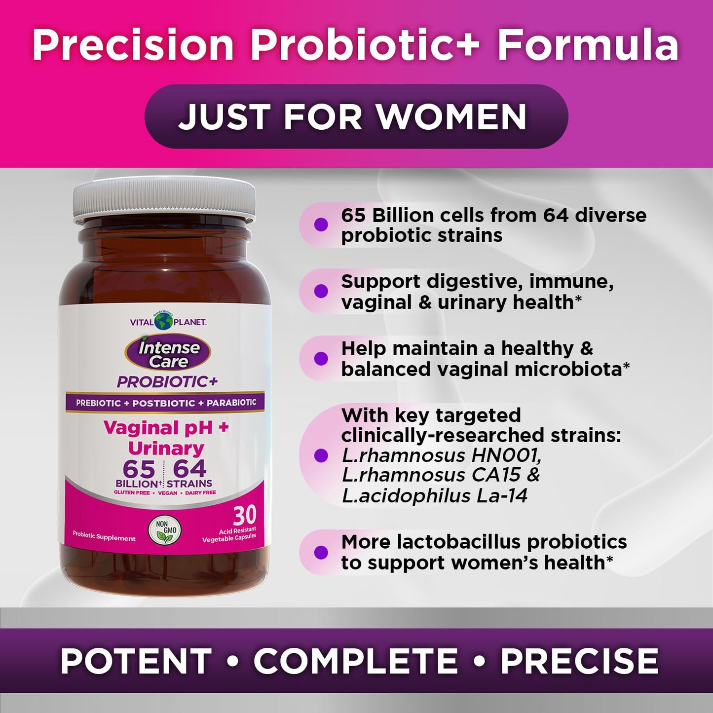 Vital Planet Intense Care Vaginal pH & Urinary Probiotics, Prebiotics, Postbiotics, Parabiotics, 4-in-1 Refrigerated Supplement for Adults, 65 Billion CFU, 64 Strains, Digestive and Immune Support, 30 Capsules