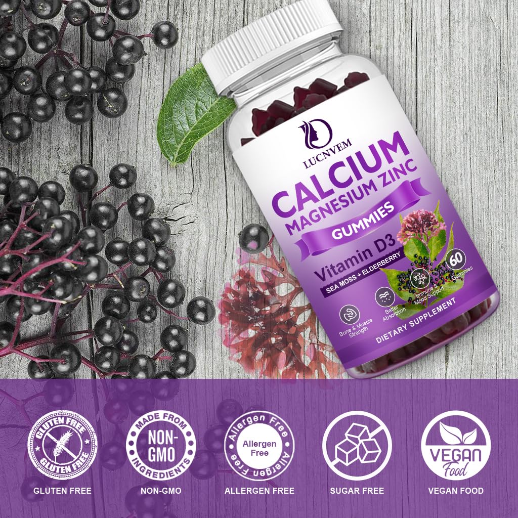 LUCNVEM Sugar Free Calcium Magnesium Zinc Gummies with Elderberry and Sea Moss, 2:1 Calcium:Magnesium, Magnesium Glycinate, Potassium & Vitamin D3, 60 Gummies