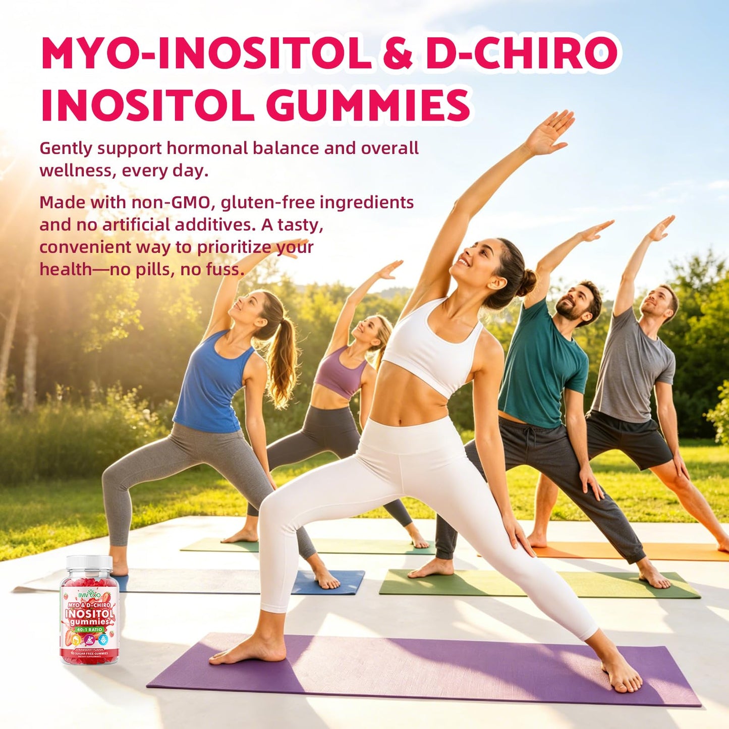 BVIVLOO Myo-Inositol & D-Chiro-Inositol with Vitamin D3, Magnesium Glycinate, Folate & Zinc, Inositol Supplement for Female Health, Sugar Free, Strawberry Flavor, 2 Gummies