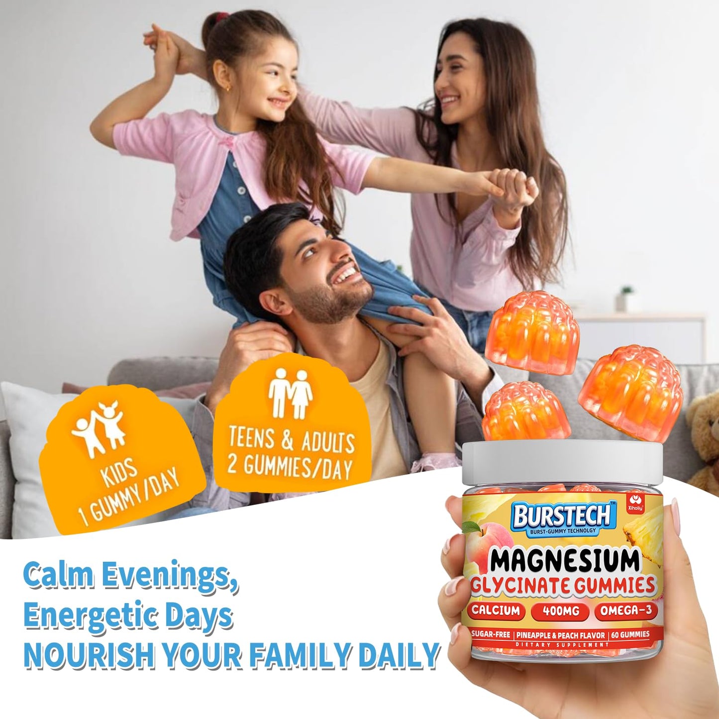 XIHOLIY Magnesium Glycinate Gummies 400MG for Adults & Kids, No Melatonin, 60 Gummies