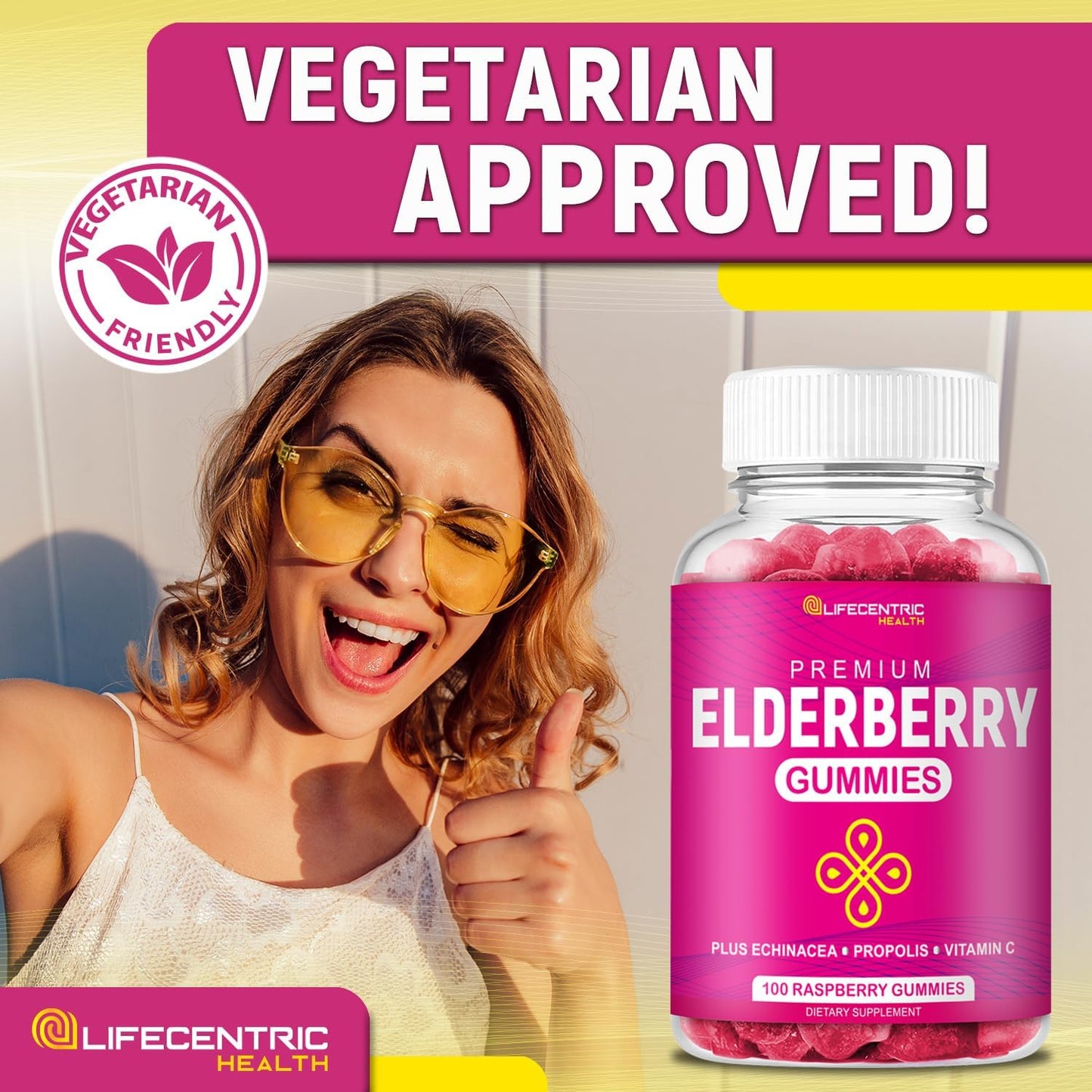 LifeCentric Health Elderberry Gummies with Vitamin C, Propolis & Echinacea Raspberry, 100 Gummies