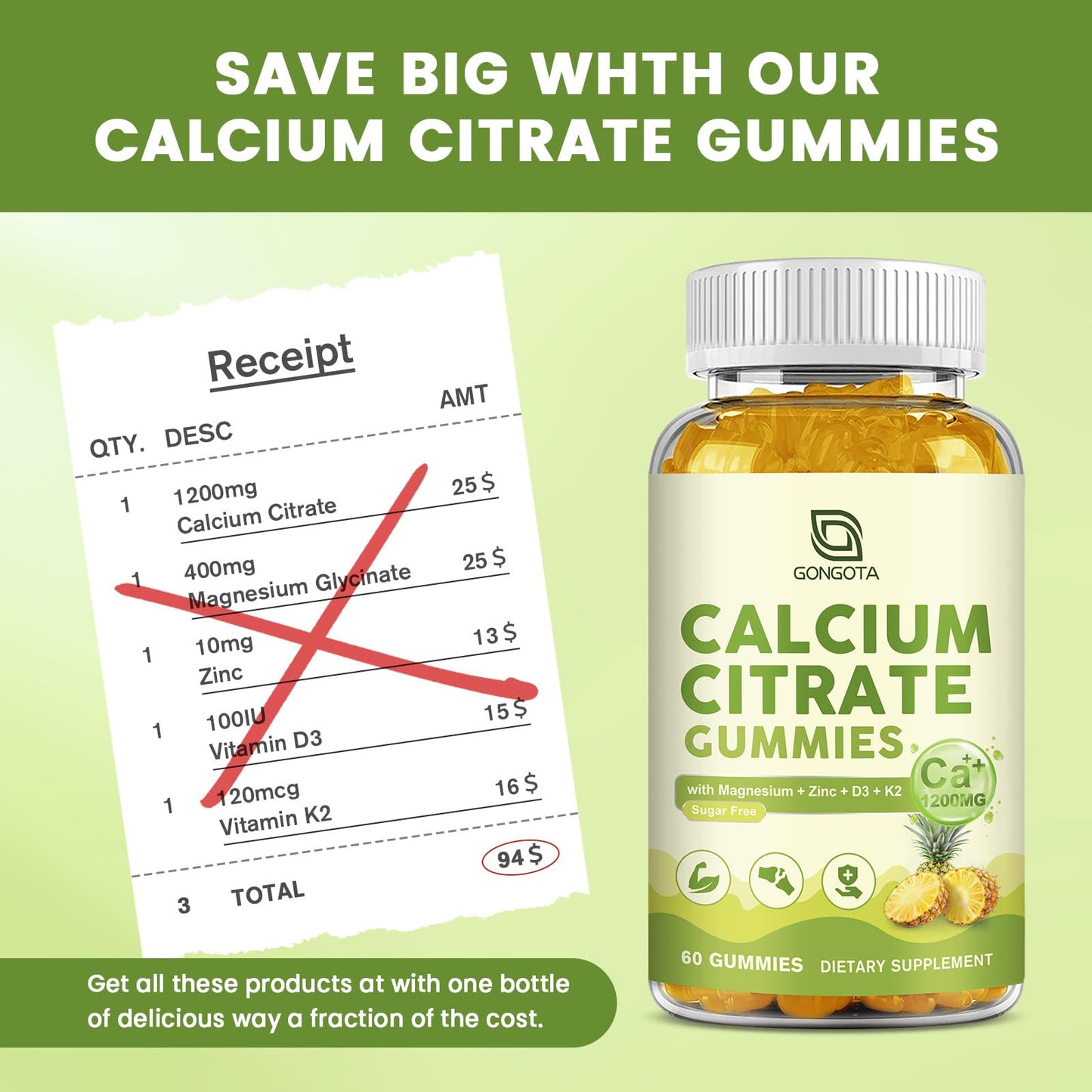 GONGOTA Calcium Citrate 1200mg with Vitamin D3 Gummies for Women, Sugar Free Pineapple Flavor, 60 Gummies