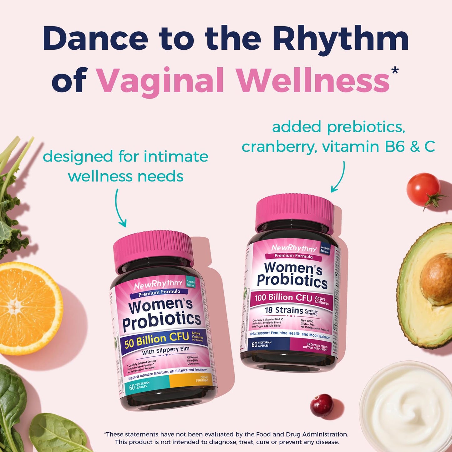 NewRhythm Women's Probiotics Slippery Elm Bark, 50 Billion CFU, 5 Strains, All Natural, Non-GMO, Vaginal, Digestive & Immune System Support, 60 Capsules