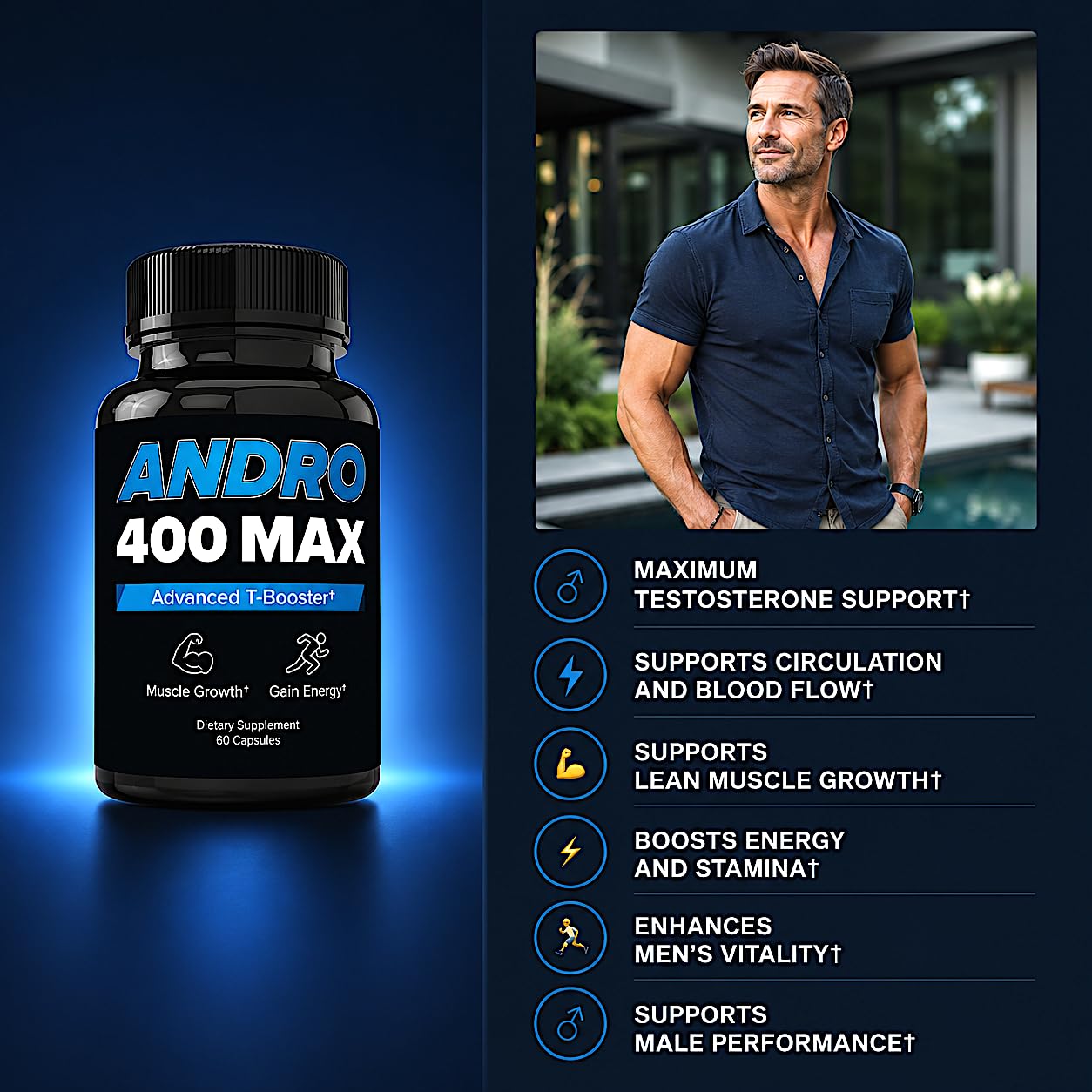 Andro400 Max Advanced T-Support & Nitric Oxide Booster – Traditional Tongkat Ali 100:1 Extract with L-Arginine & L-Citrulline – Supports Circulation and Physical Performance, Capsules, 120 Count