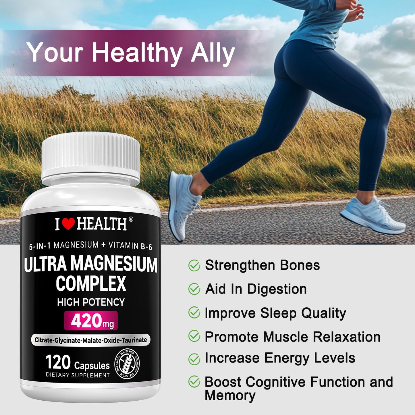 I LOVE HEALTH Magnesium Glycinate Complex 420mg with Vitamin B6 – High Absorption Magnesium for Sleep, Muscle & Nerve Support, 120 Capsules