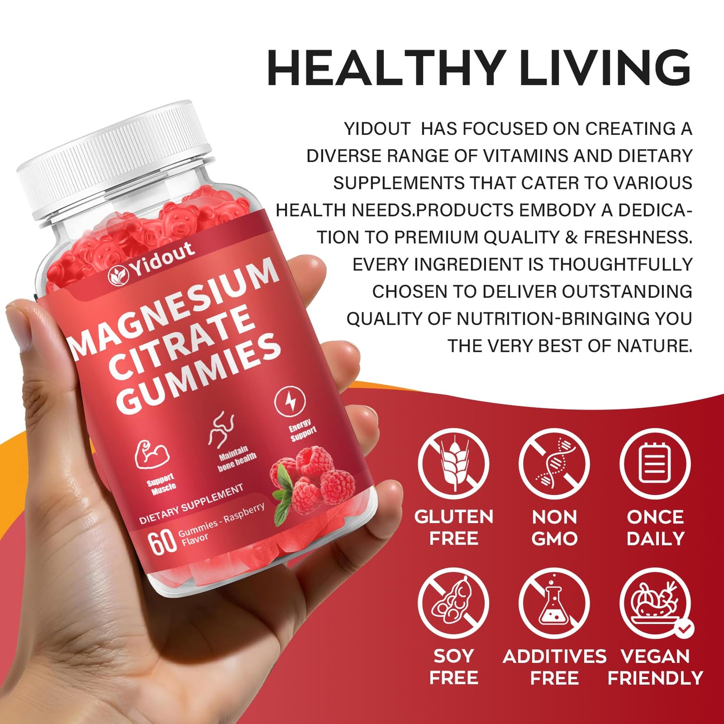 Yidout High Absorption Magnesium Gummies for Adults, Raspberry Flavor, Vegan, Non-GMO, 60 Count