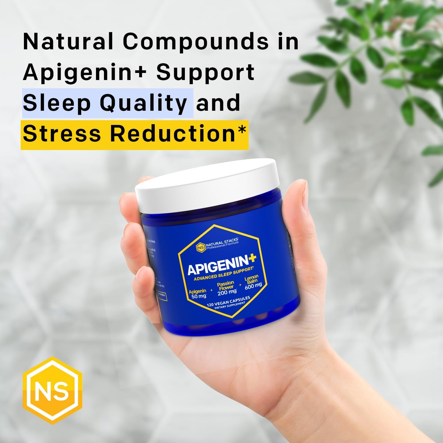 Natural Stacks Apigenin Sleep Supplement - 50mg Apigenin & 600mg Lemon Balm, Melatonin-Free Sleep Aid with Passion Flower Extract for Stress Support, 120 Capsules