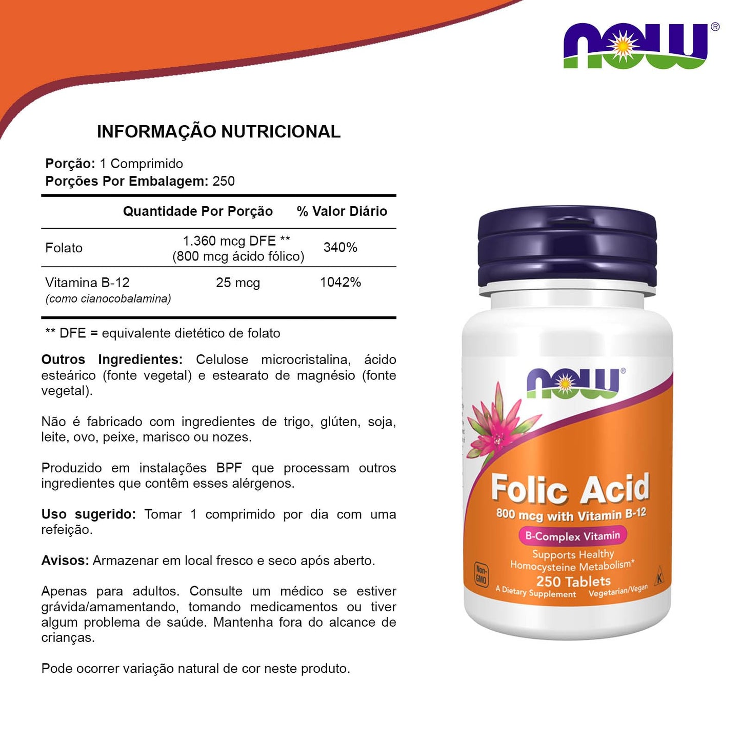 NOW Foods Folic Acid 800mg Tablet, 250 Tablets