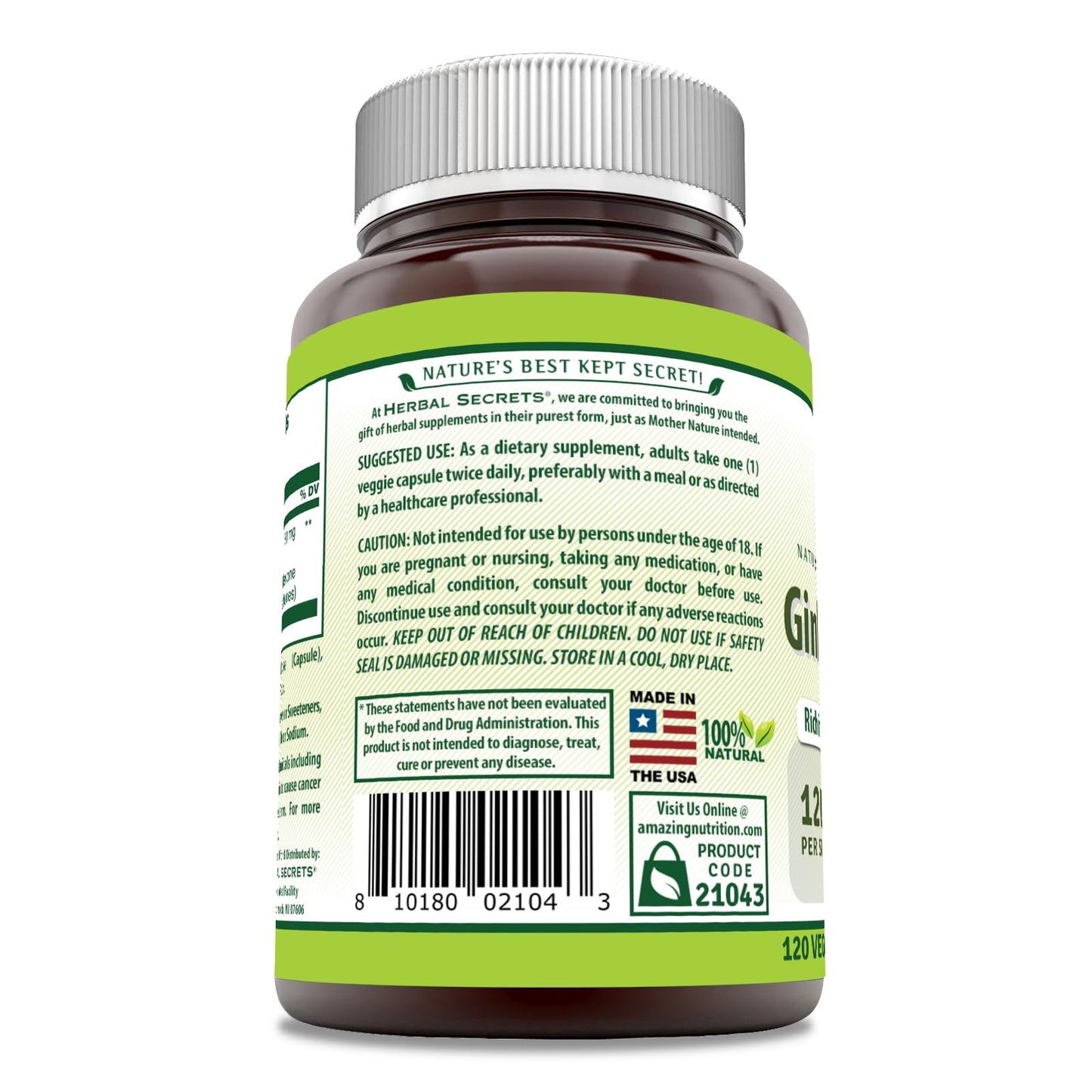 Herbal Secrets Ginkgo Biloba Supplement 120mg Capsules, 120 Count