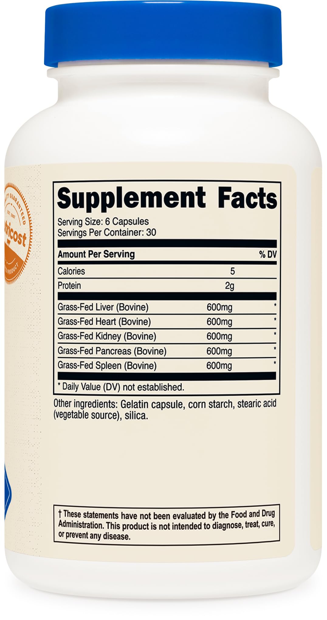 Nutricost Grass Fed Beef Organs Supplement Capsules 180 Count