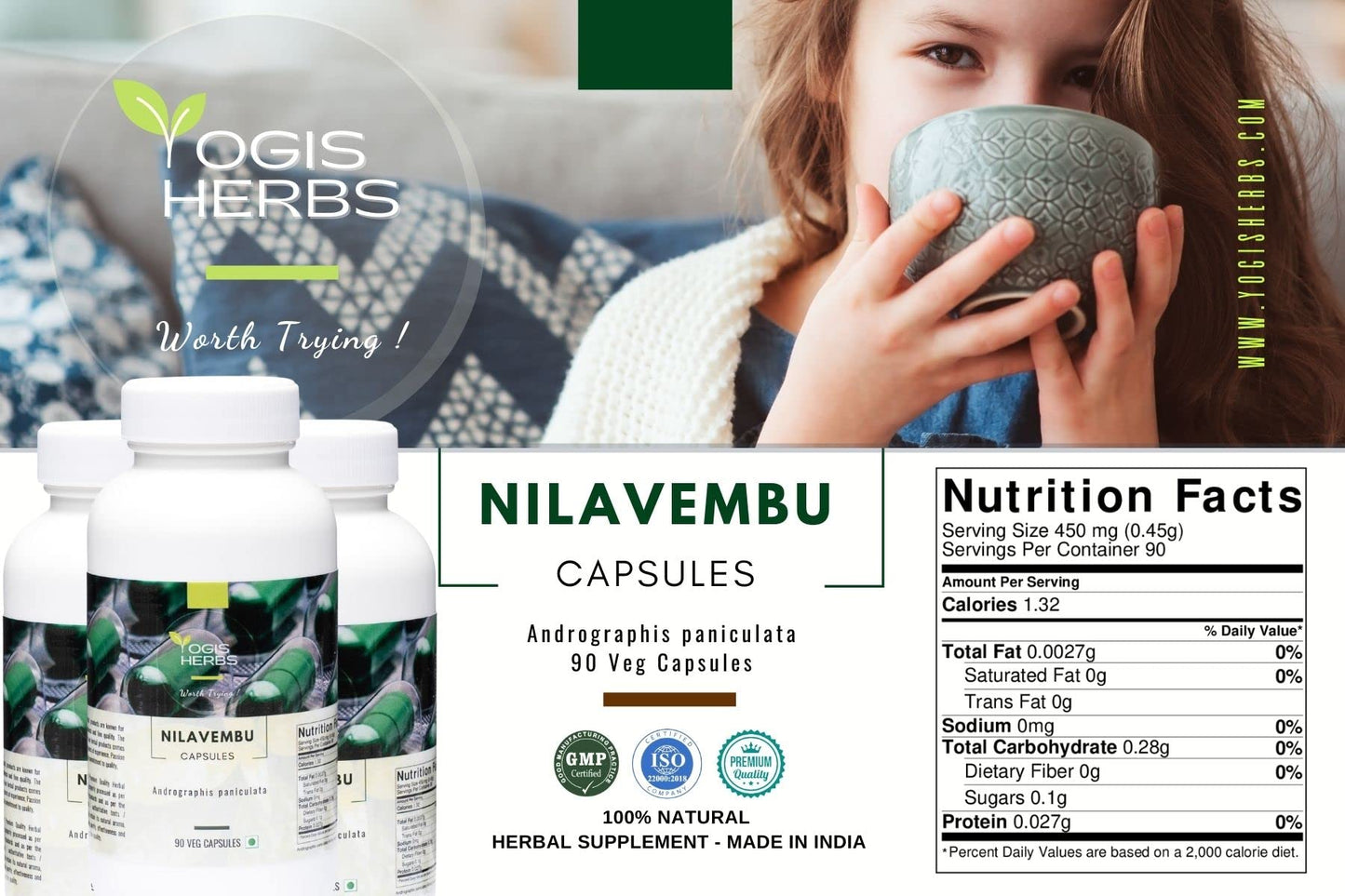 YOGIS HERBS Nilavembu Capsules (Andrographis Paniculata) 90 Veg Capsules