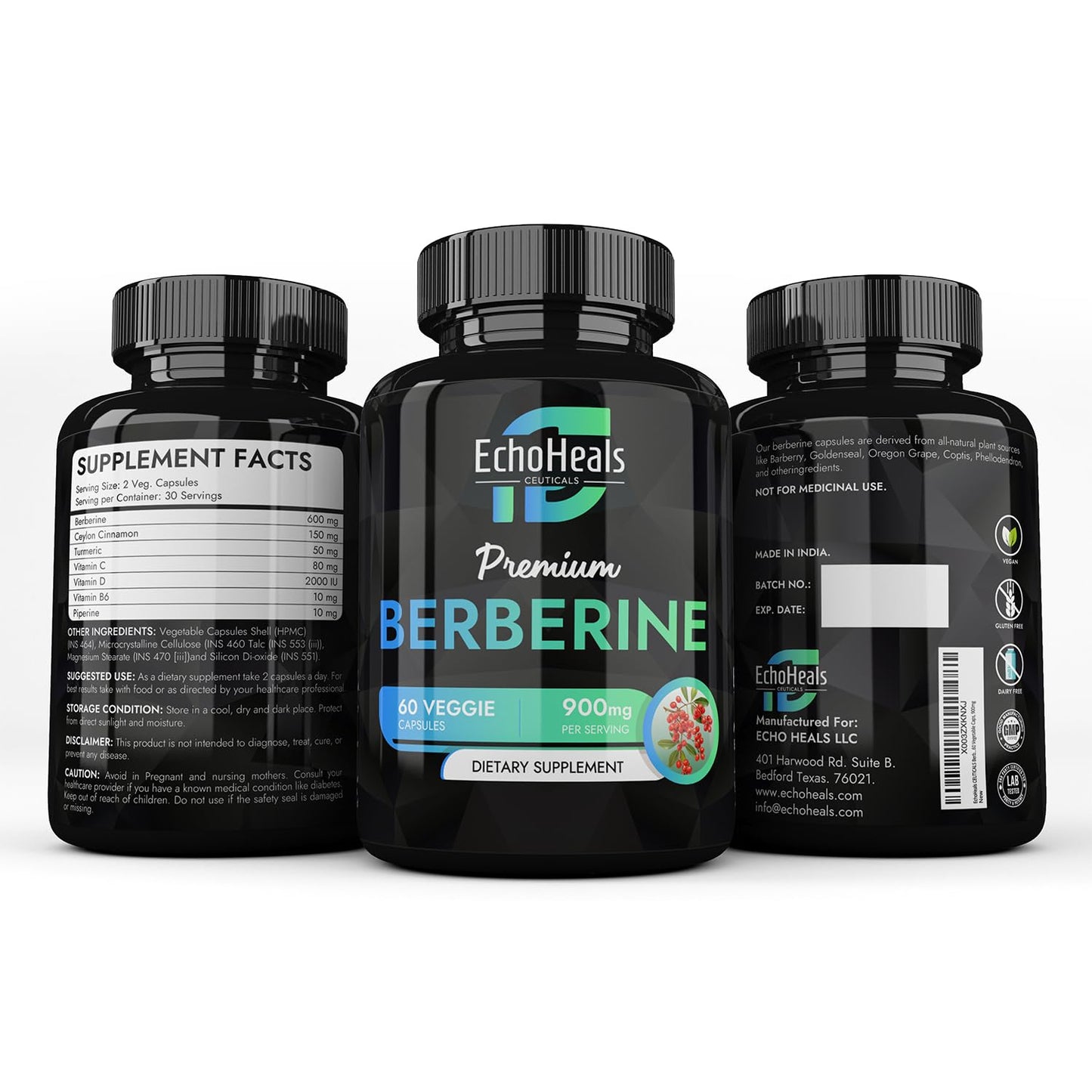 EchoHeals CEUTICALS Berberine Supplement Capsules, 60 Count