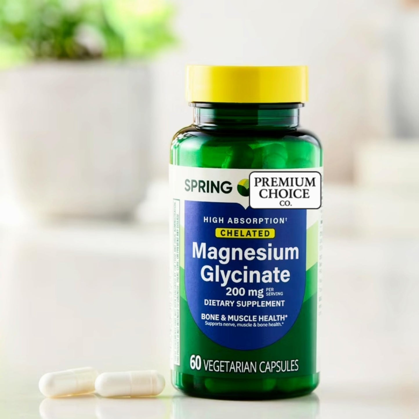 Premium Choice Co Magnesium Glycinate 200 mg Capsules, 60 Count
