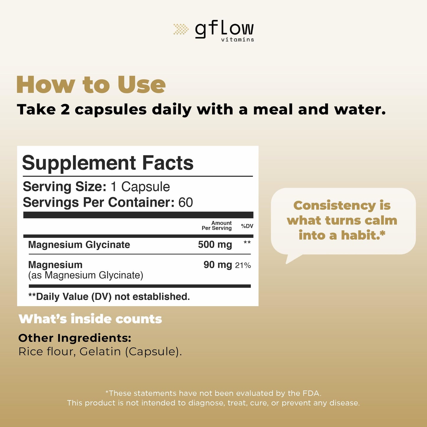 Gflow Vitamins Magnesium Glycinate Supplement for Calm and Sleep Capsules, 60 Count