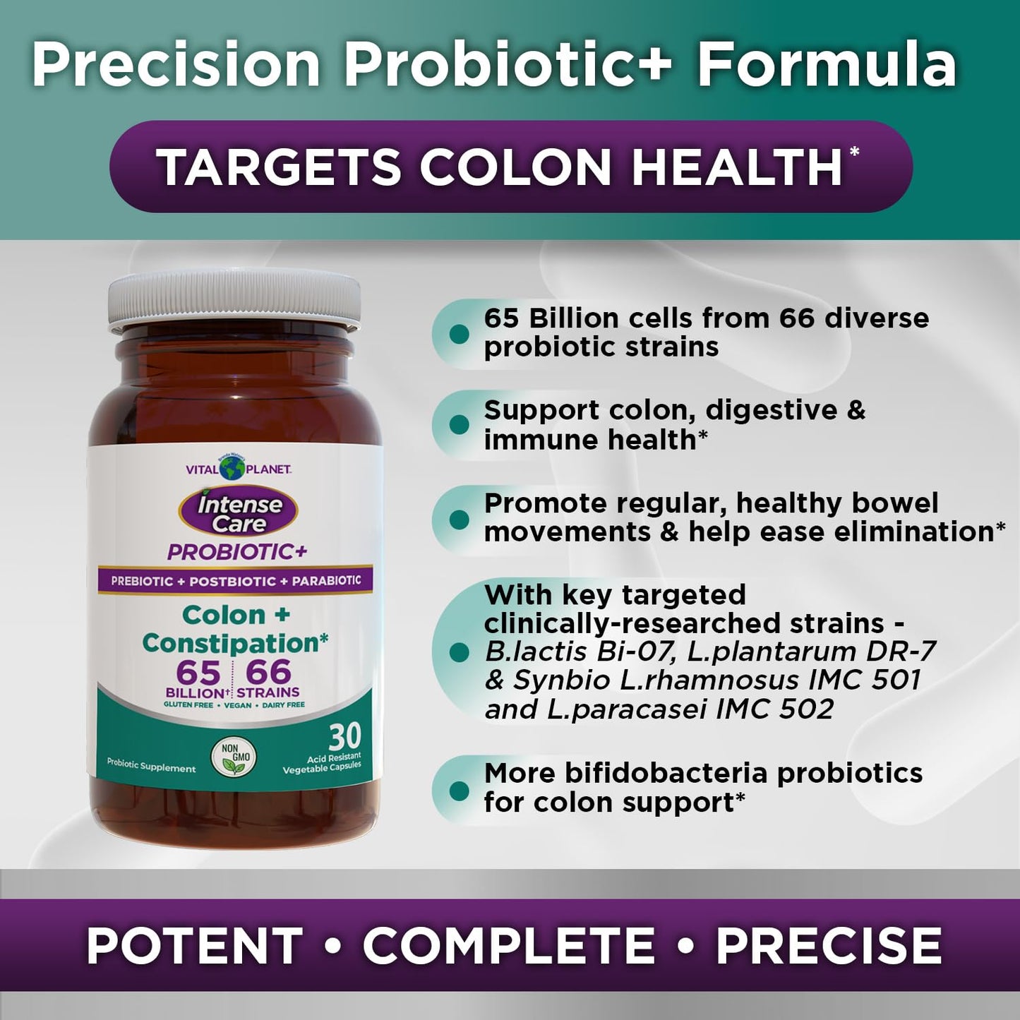 Vital Planet Intense Care Colon & Constipation Probiotics, Prebiotics, Postbiotics, Parabiotics, 4-in-1 Refrigerated Supplement for Adults, 65 Billion CFU, 66 Strains, Digestive and Immune, 30 Capsules