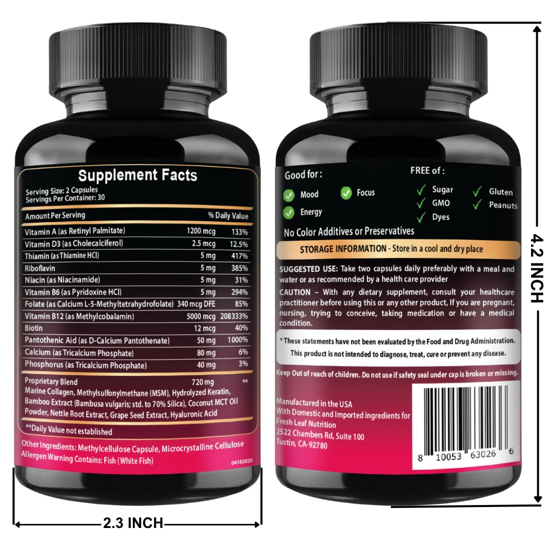 VITBOOST B12 Complex with Hyaluronic Acid, Collagen & Folate, Methylcobalamin 5000 mcg, 60 Capsules
