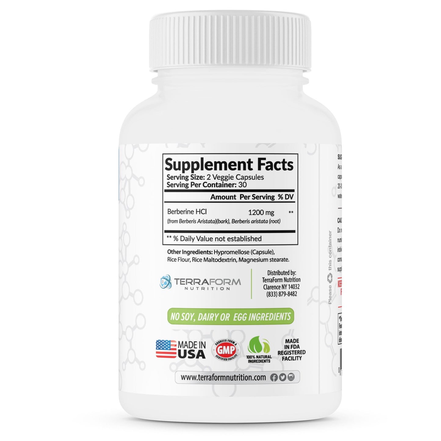 TerraForm Nutrition Berberine HCL 1200mg Daily High Potency Pure Berberine Supplement Capsules, 60 Count