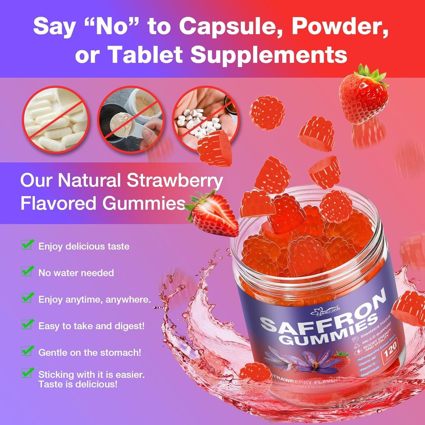 Hoozzch Saffron Gummies with 88.5mg Saffron Extract, Magnesium Glycinate 200mg, L-Theanine, Indian Ginseng, B & D Complex, Supports Focus, Mood, Calm, Sleep & Eye Health, 120 Gummies
