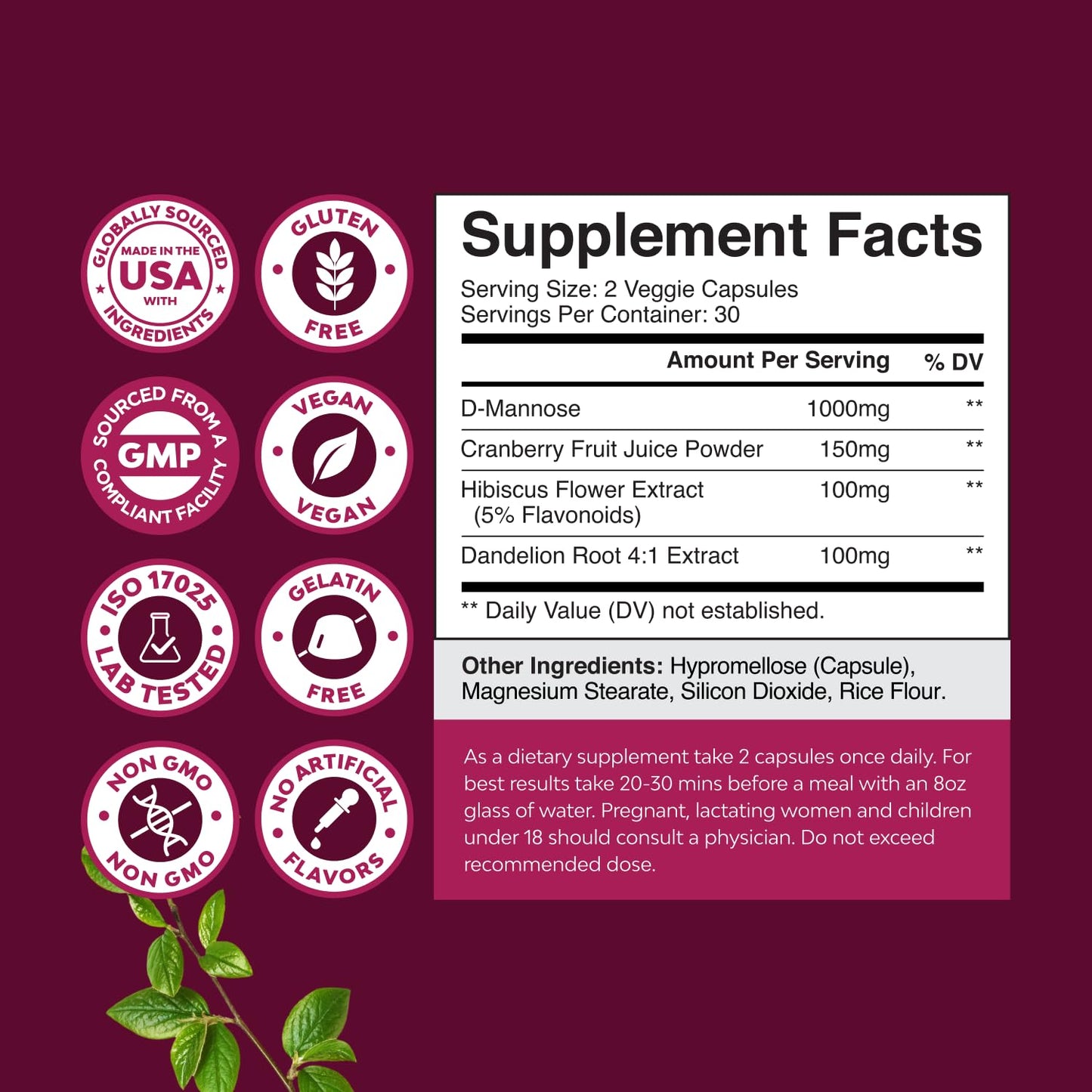 Natures Craft D Mannose Capsules for Urinary Tract Health - High Potency D-Mannose with Cranberry Juice Powder & Dandelion, for Women, 60 Capsules