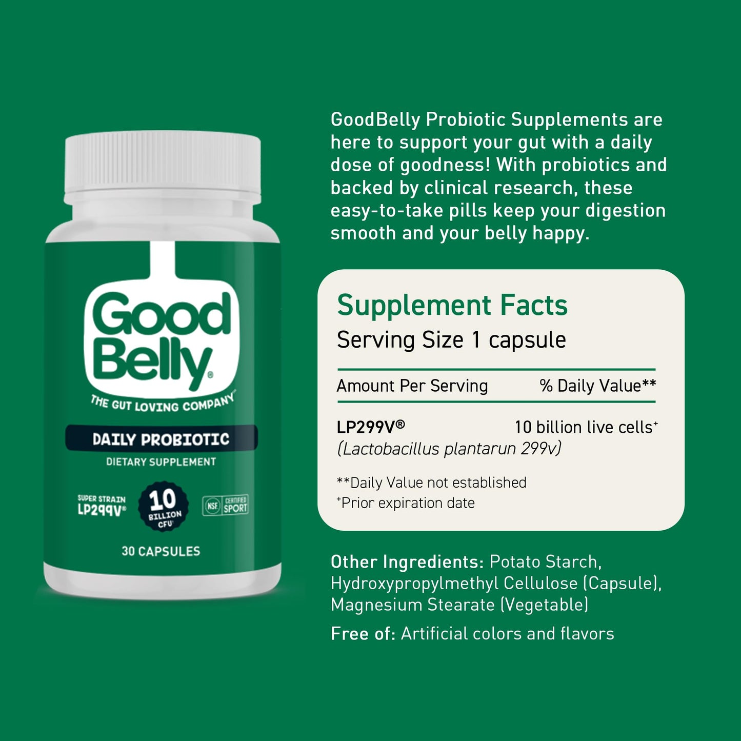 GoodBelly Probiotic Capsules for Digestive Health, 30 Capsules