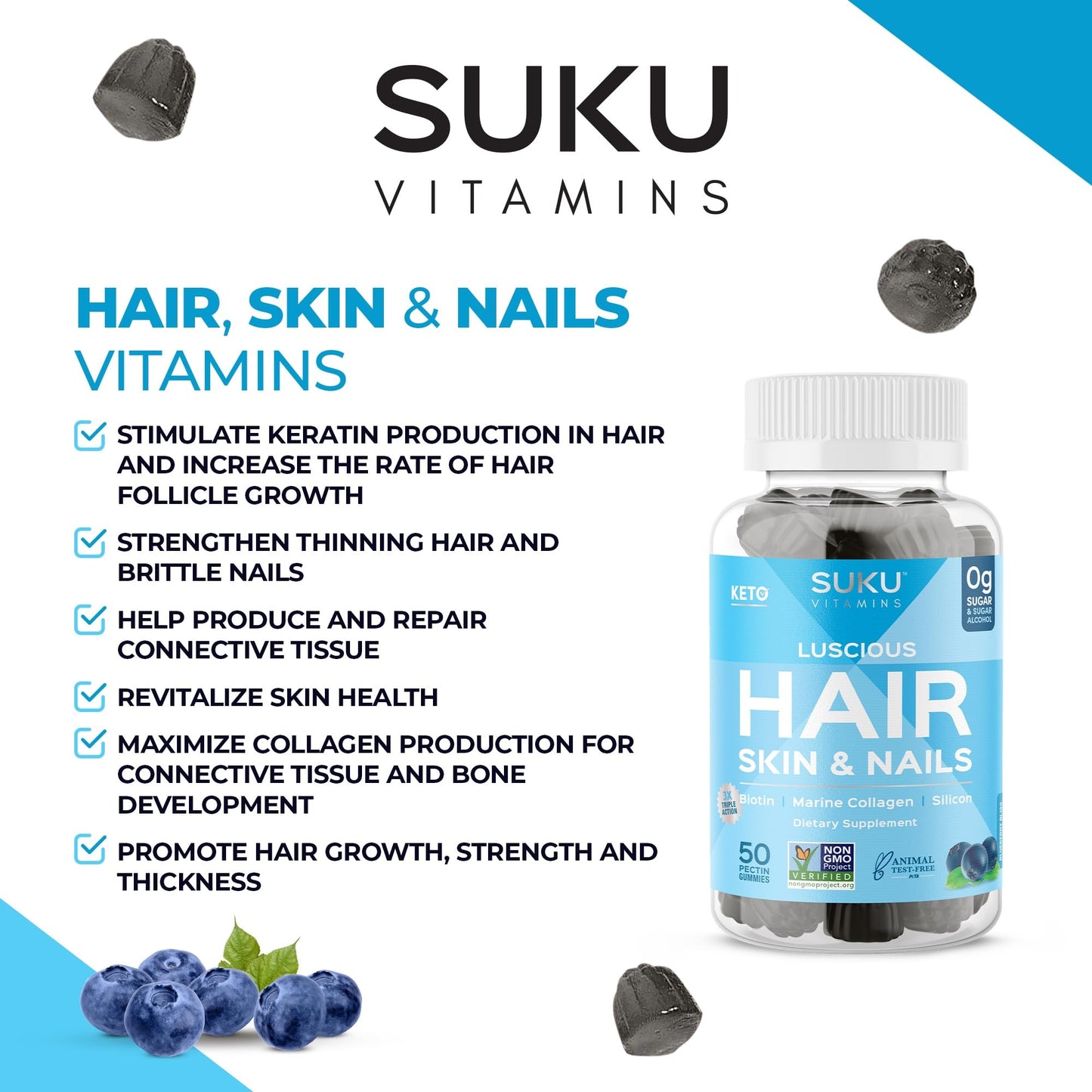 SUKU Luscious Hair Silicon Biotin and Hydrolyzed Marine Collagen Gummies for Skin, Hair & Nails - Easy to Chew - Non GMO, Gluten Sugar Free - Blueberry Flavored Gummy Vitamins, 50 Count