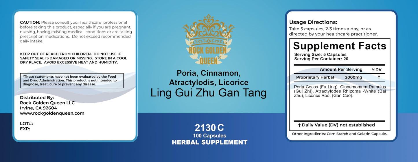 Rock Golden Queen Ling Gui Zhu-Gan Tang/Poria, Cinnamon, Atractylodis & Licorice Decoction Capsules, 100 Capsules