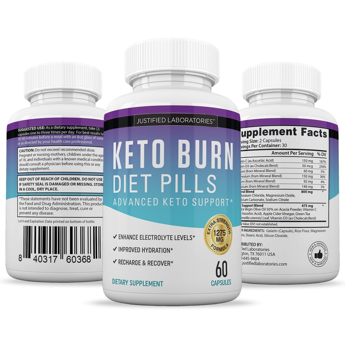 Justified Laboratories Keto Burn Diet Pills 1275MG 60 Capsules