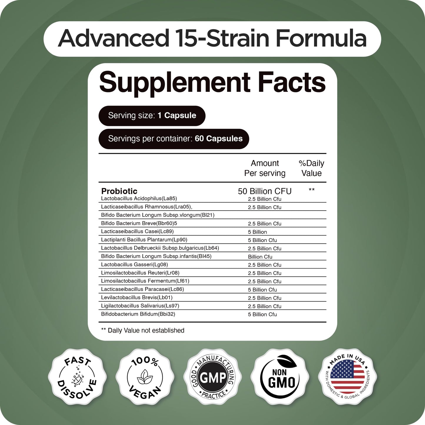 Balancebreens Probiotic Supplement 50 Billion CFU - 15 Strains, 180 Capsules