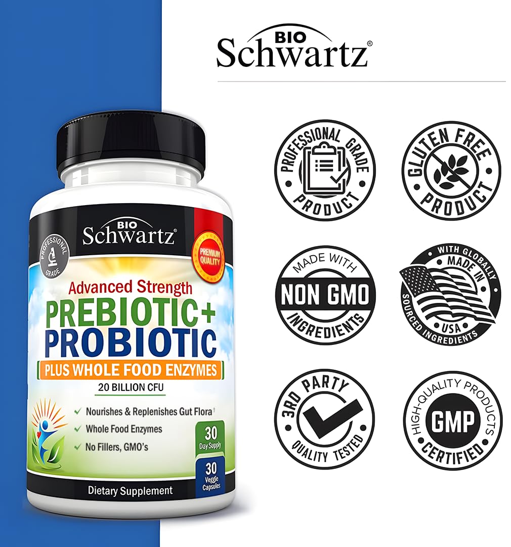 BioSchwartz Advanced Prebiotics and Probiotics for Women & Men, Immune, Digestive & Gut Health with L. Reuteri, Inulin Fiber, Digestive Enzymes, Non-GMO, Gluten-Free, Dairy-Free, 30 Capsules