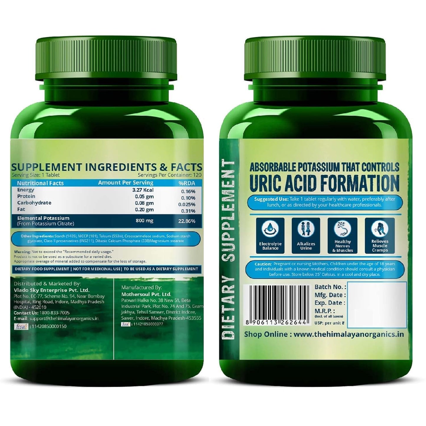Generic Organic Potassium Citrate 800mg Supplement, 2-Pack, 120 Veg Tablets